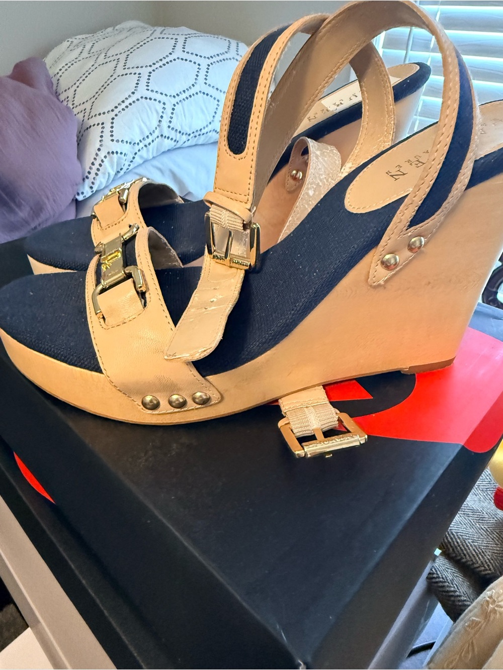 Wedge Sandals - Beige and Navy Slingback Wedges